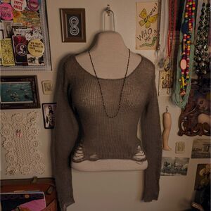 Distressed Knit Cropped Sweater Women's XS Light Brown See-Through Faux Mohair